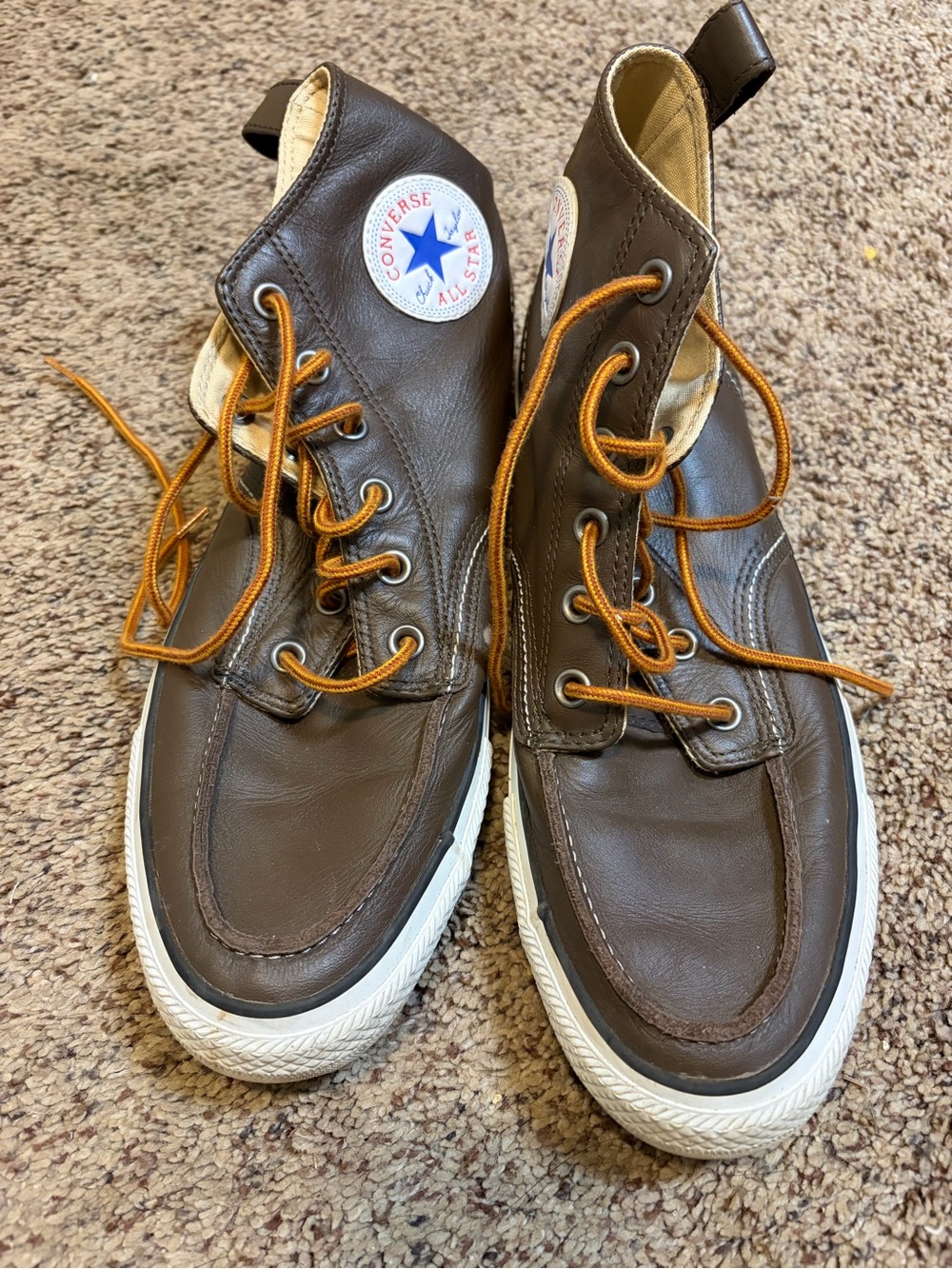 Converse Brown Leather High-Top Sneakers with Orange Laces 10 chukka